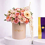 Peach And Pink Roses Luxury Flower Box With Cadbury Chocolates 200g