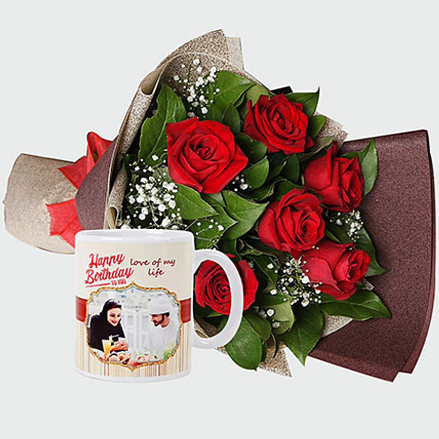 Roses Bouquet And Personalised Mug: 