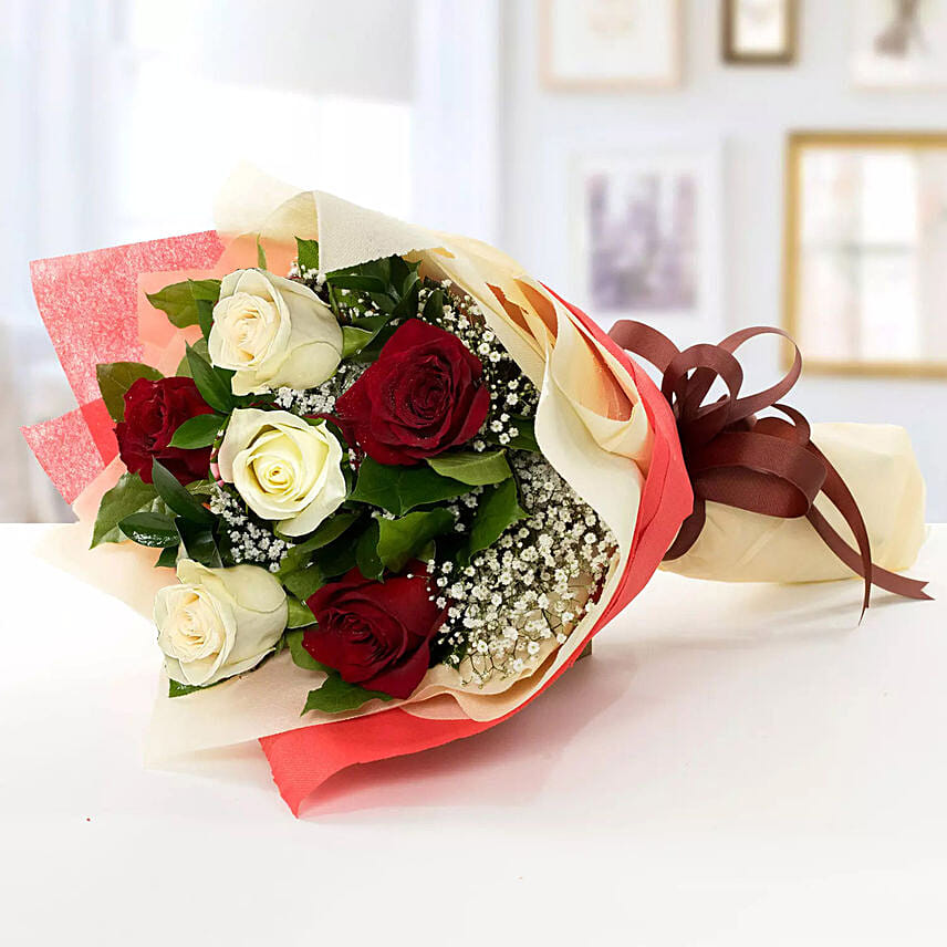 Beauty Of Red N White Roses: Send Birthday Flowers to Saudi Arabia