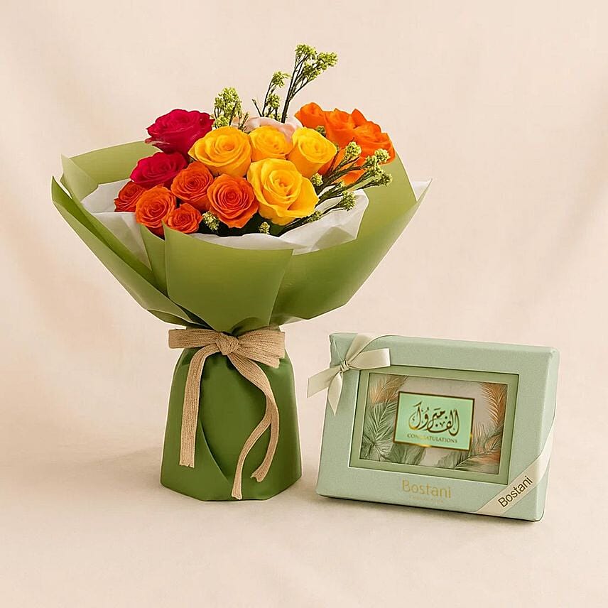 Bostani Congratulations Chocolate Box With Rose Bouquet: 