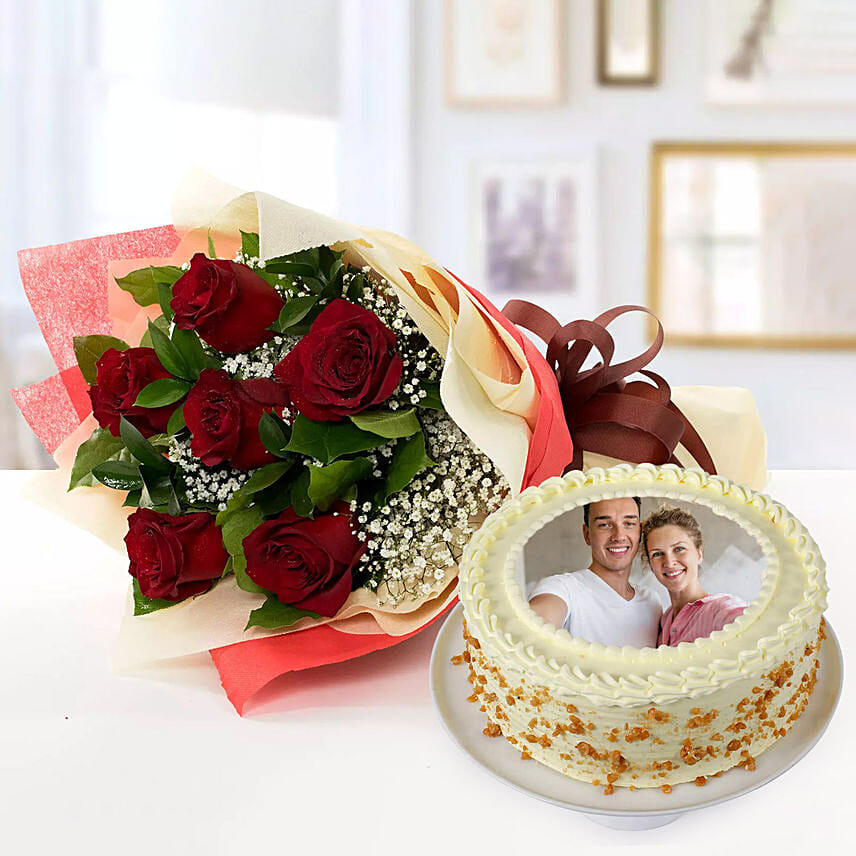 Butterscotch Cake With Red Roses Bouquet: Send Cake to Riyadh