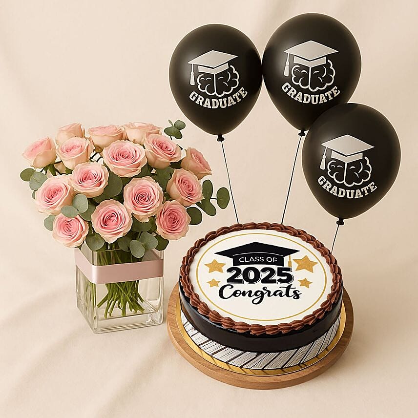 Class Of 2025 Graduation Cake With Pink Roses N Balloons: 