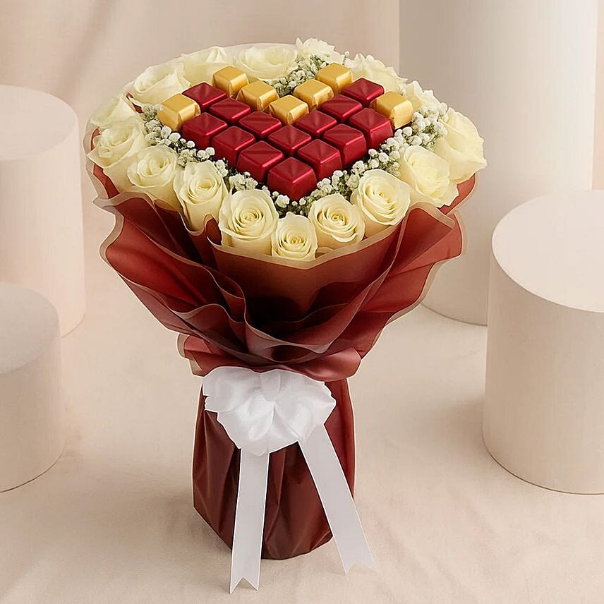 Dalal White Roses N Chocolates Bouquet: 