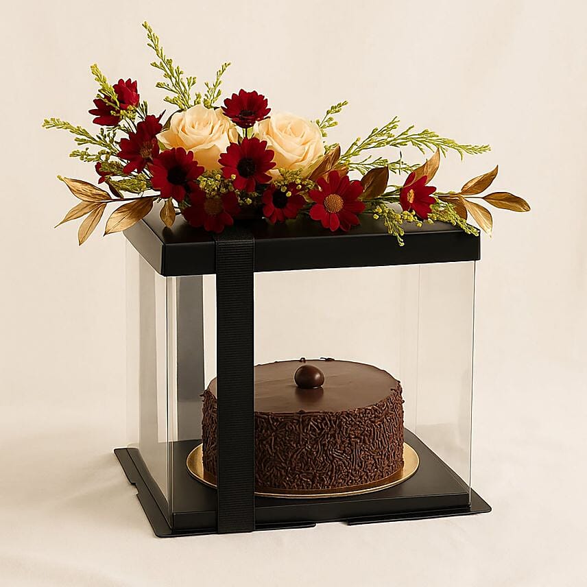 Delightful Chocolate Birthday Cake With Flowers: Send Gifts to Saudi Arabia
