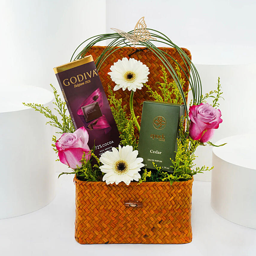 Delightful Roses With Epock Unisex Perfume N Godiva Combo: Send Anniversary Gifts to Saudi Arabia