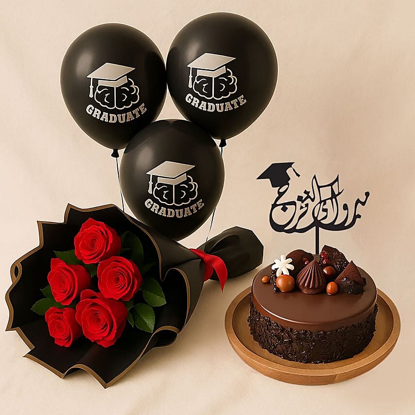 Graduation Chocolate Cake With Flowers N Helium Balloons: Gifts To Mecca