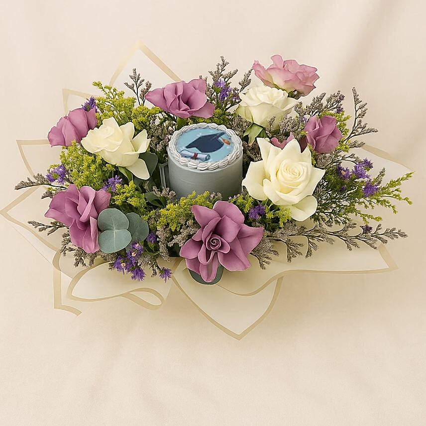 Graduation Gift Combo Flower Bouquet And Mini Cake: Send Gift Combos to Saudi Arabia