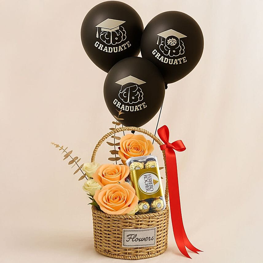 Graduation Gifts Rose Basket With Chocolates N Balloons: Gifts To Mecca