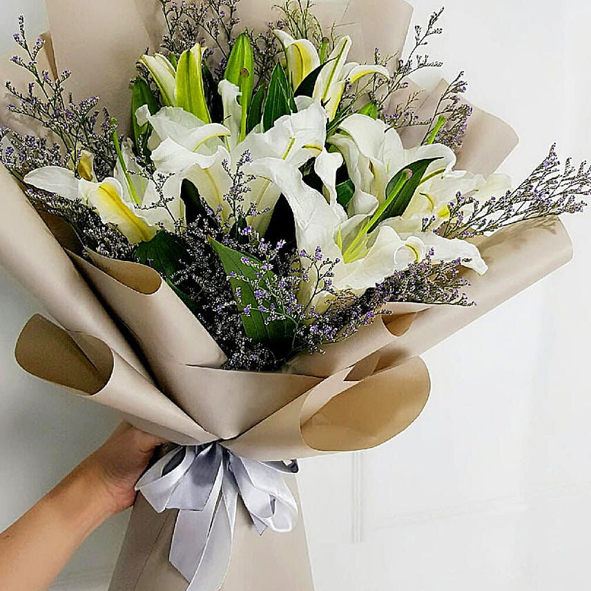 Mini White Lily Bouquet: Send Anniversary Flowers to Saudi Arabia
