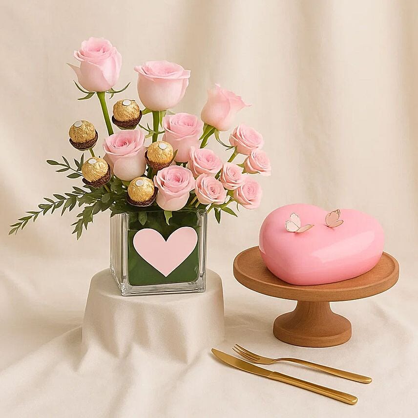 Pink Bliss Vase N Heart Shape Cake: Send Anniversary Gifts to Saudi Arabia