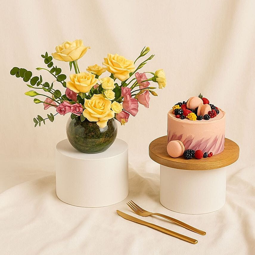 Red Velvet Cake With Elegant Flower Bowl: Send Gift Combos to Saudi Arabia