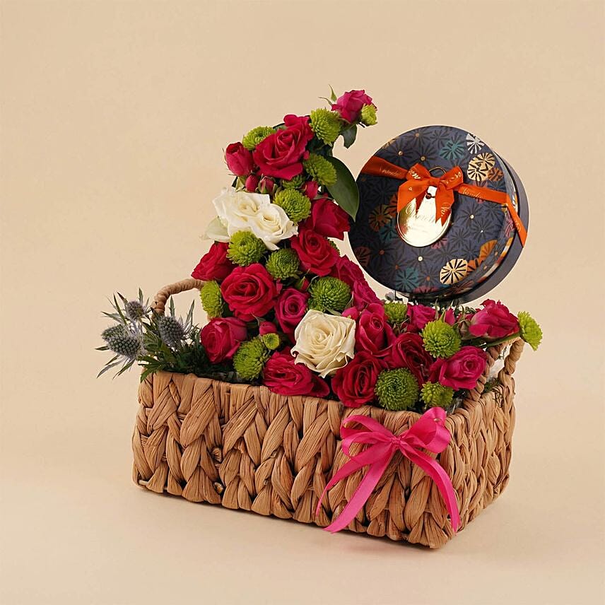 Venchi Chocolate Dark Pink Flower Basket: Send Ramadan Gifts to Saudi Arabia