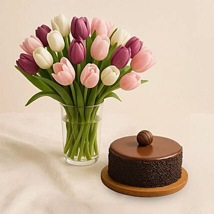 Dazzling Tulip Vase With Chocolate Cake: 