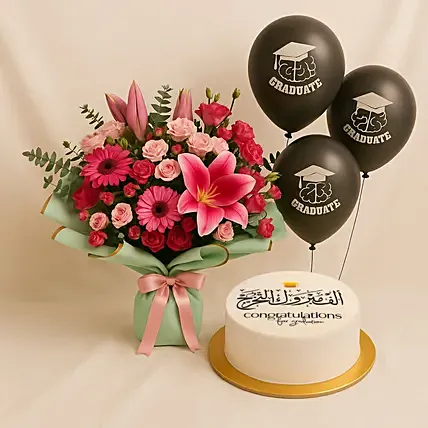 Grand Graduation Pink Flower Bouquet With Cake N Balloons: Send Gift Combos to Saudi Arabia