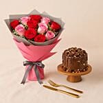 Mix Roses Flower Bouquet N Chocolate Cake