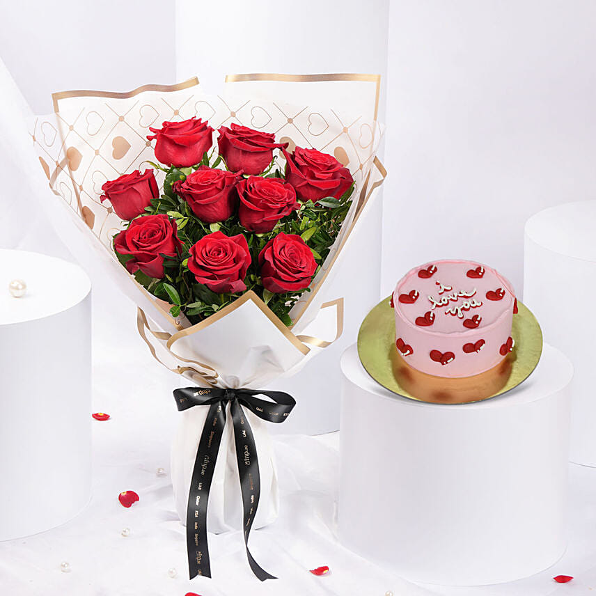 Valentines 9 Roses and Cake Combo: توصيل كيك سنغافورة