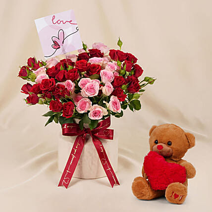 Spray Roses in Premium Ceramic Vase and Teddy Bear Gift Set: هدايا عيد الحب سنغافورة