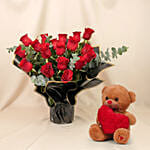 Beautiful Boquet Of 24 Red Roses With Teddy Bear