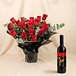 Beautiful Bouquet Of 24 Red Roses with Wine For Valentine's Day