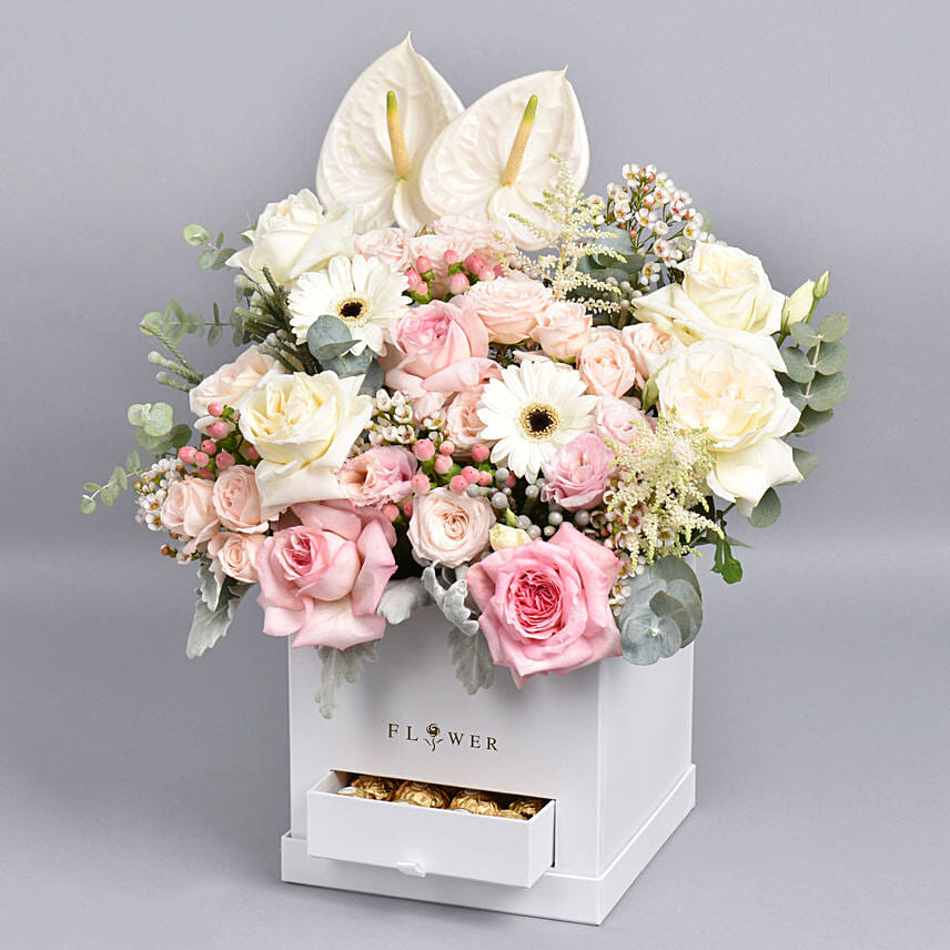 Beautiful Flower arrangement with Ferrero Rocher chocolates