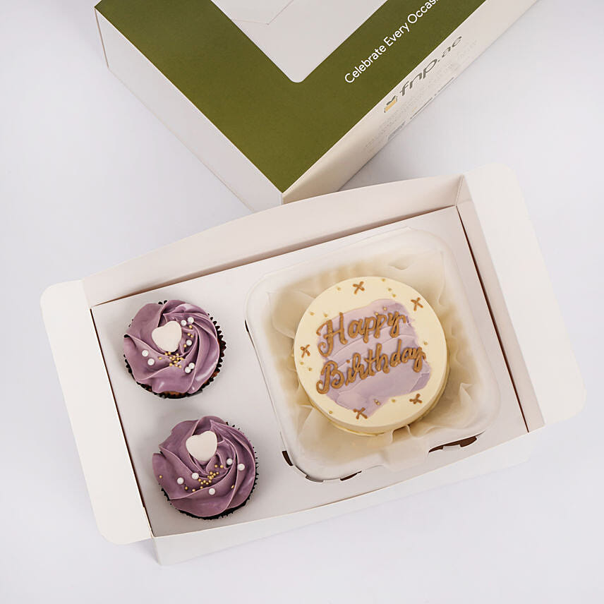 Happy Birthday Bento cake with 2 cupcakes