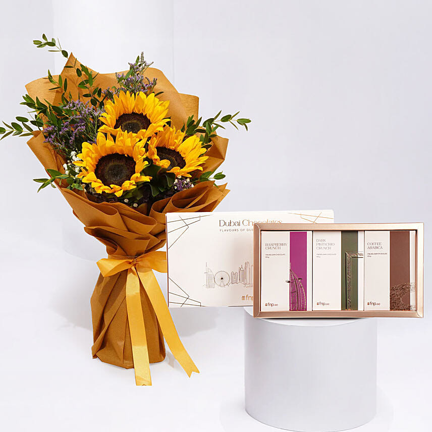 sunflower bouquet with viral dubai chocolate bar combo