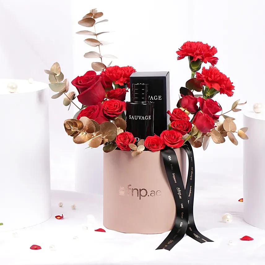 Dior Sauvage Perfume with Red Flower bouquet