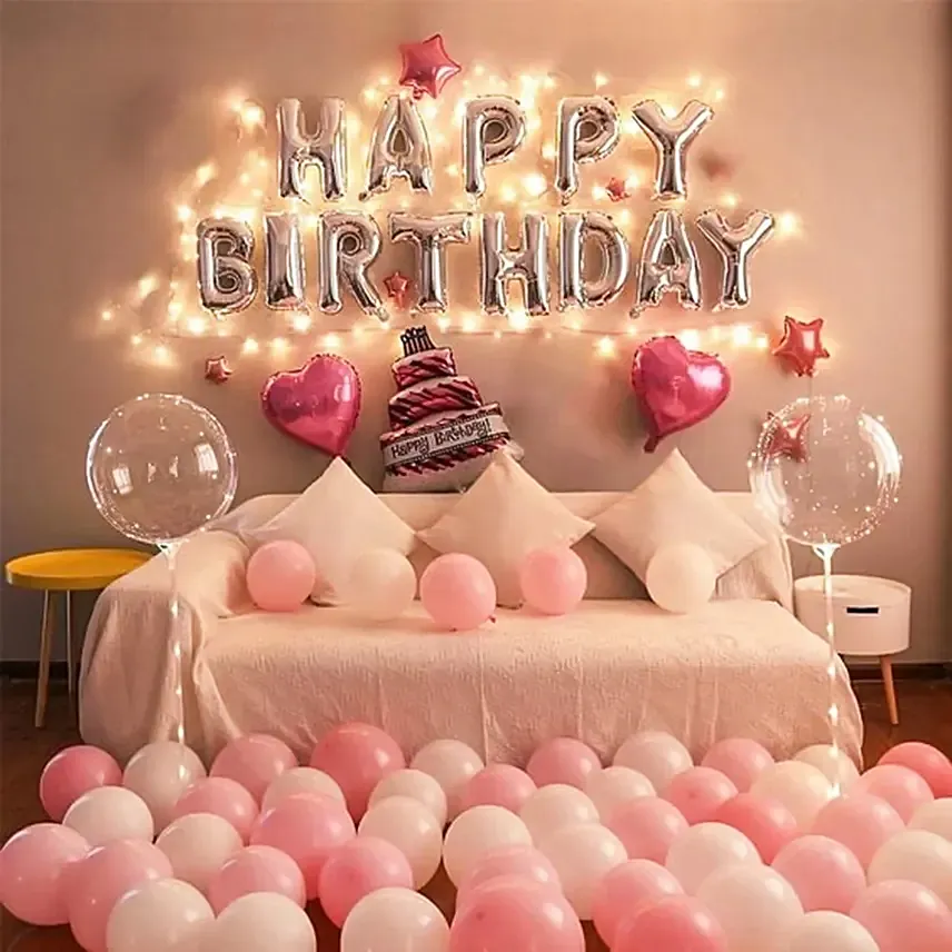 Pink Colour theme Happy Birthday Balloon Decoration for house