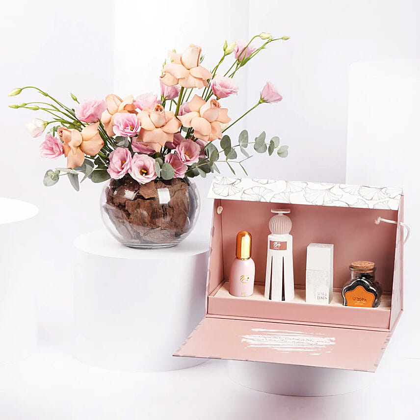Ahmed Al Maghribi Perfumes Set with Beautiful Vase of Flowers
