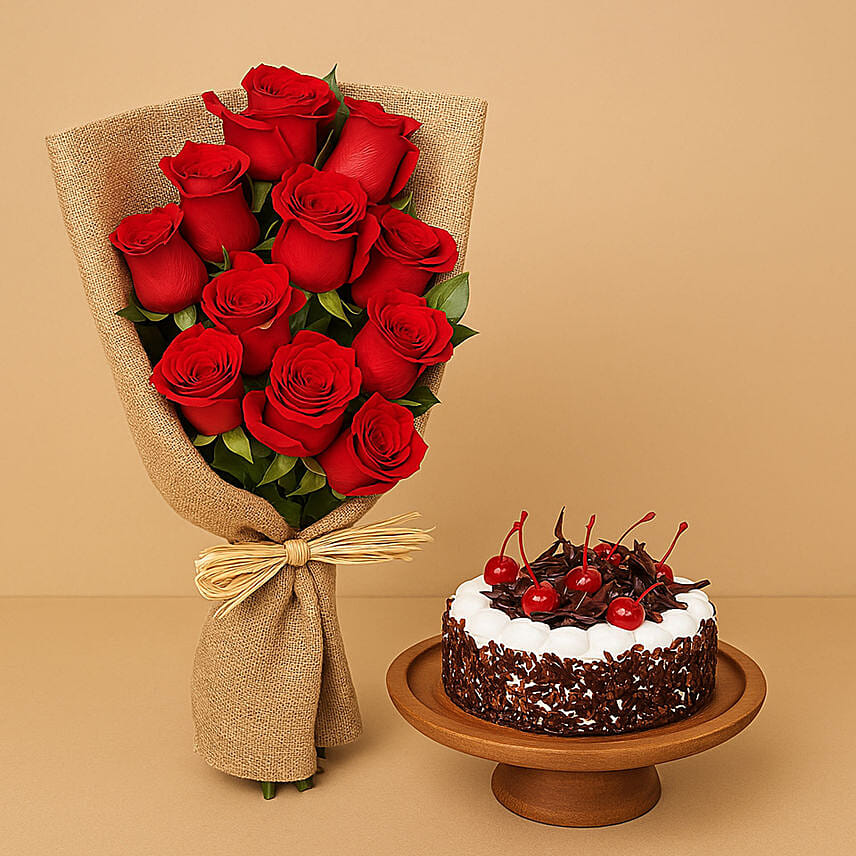 Black forest cake with red roses bouquet