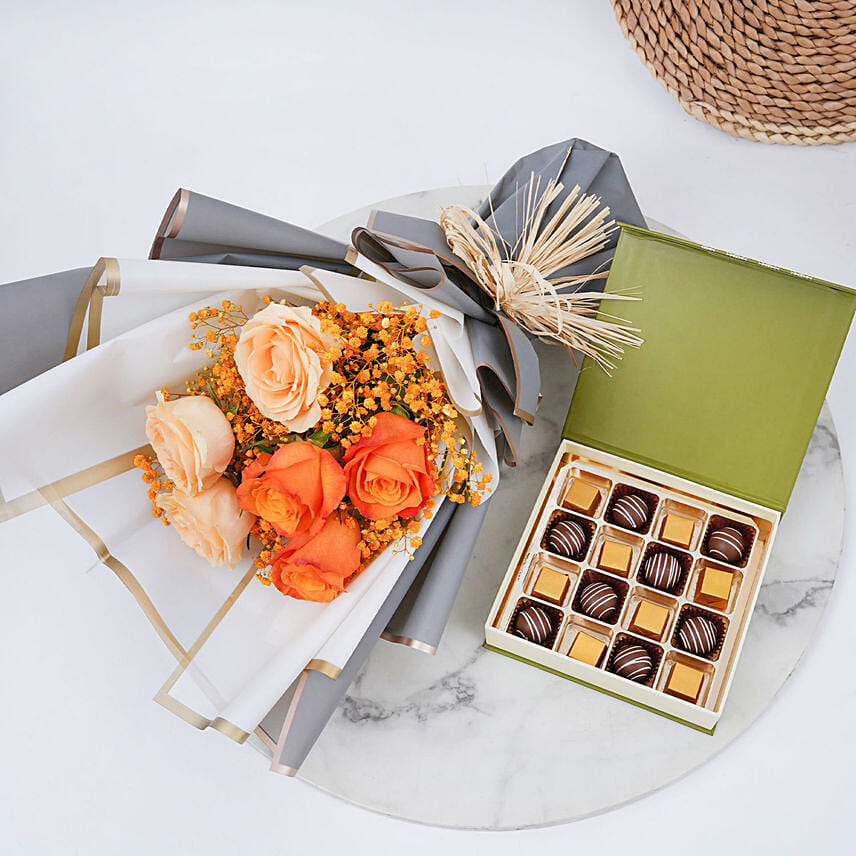 Orange and Peach colour flower with chocolate box by fnp.ae