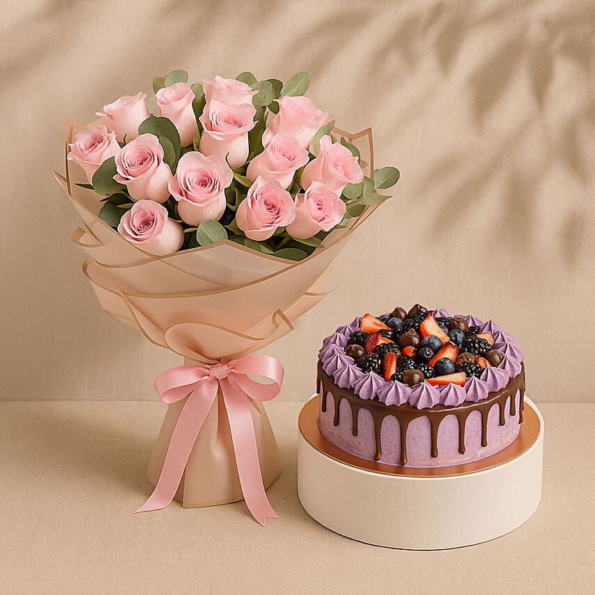Pink Roses Bouquet With Delicious Cake with fruit topping