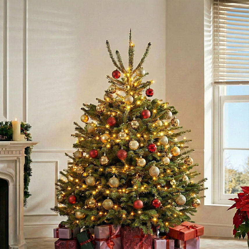 Around 5 Feet tall Christmas tree decorated with Golden and Red Colour elements with gift boxes under it